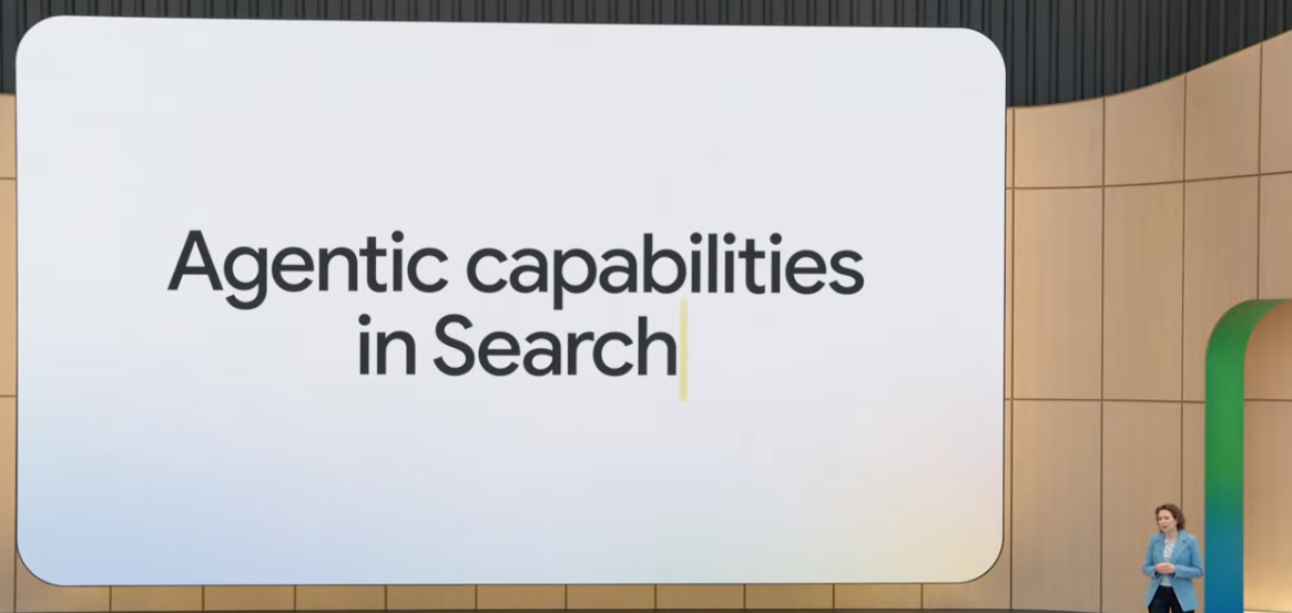 Google I/O-slide med teksten Agentic capabilities in Search