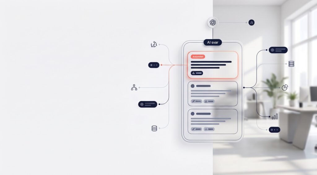 Illustration af et AI-genereret svar med en anbefalet shortlist af brands, der fodres af flere eksterne kilder