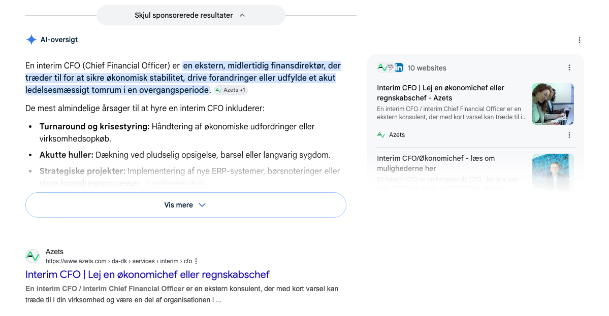Google AI Overview response to ”Interim CFO,” in which Azets is cited as a source