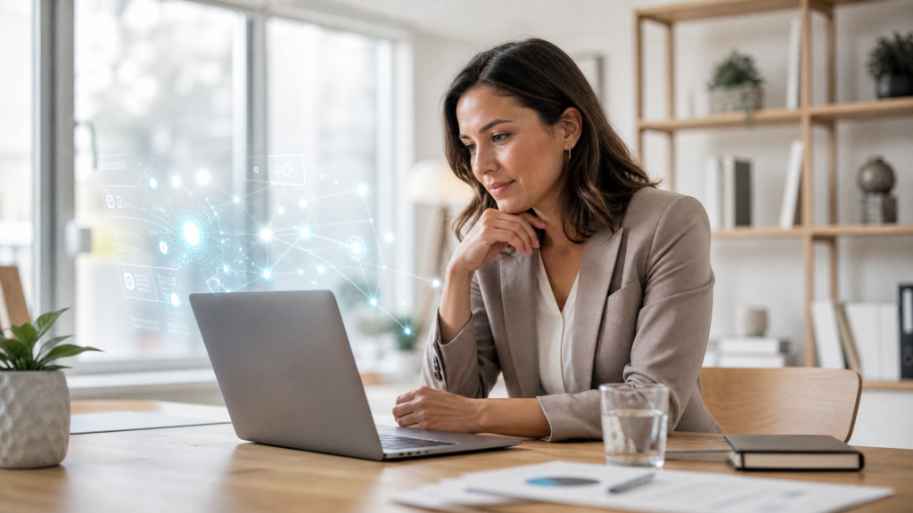 Marketingkonsulent arbejder med GEO og AI-søgning på laptop