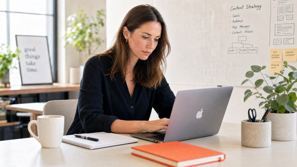 Kvindelig SEO-konsulent arbejder med SaaS SEO-strategi på MacBook ved lyst kontorbord med whiteboard i baggrunden