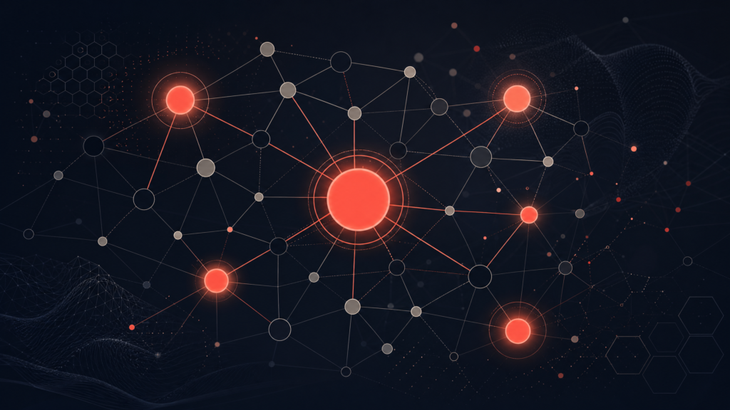 Abstrakt illustration af linkbuilding som netværk af forbundne noder der repræsenterer digital autoritet og citations