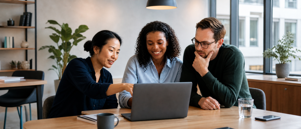 B2B-team gennemgår SEO-strategi på laptop i moderne kontor