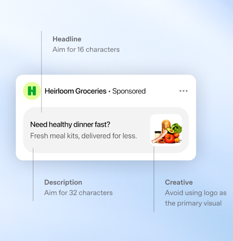 Screenshot fra OpenAI der viser annonceformatets elementer i ChatGPT Ads: overskrift, beskrivelse og kreativt billede