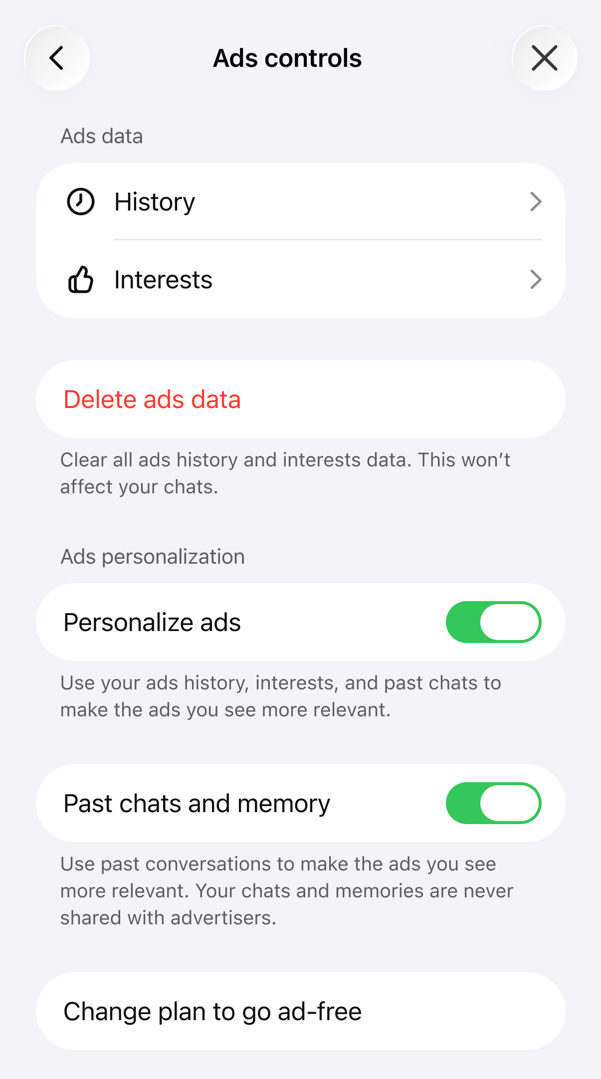 Screenshot fra OpenAI der viser ChatGPT-brugernes annonceindstillinger med mulighed for at slå personalisering fra