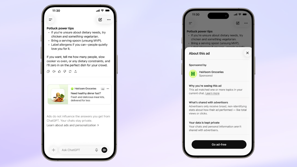 Screenshot fra OpenAI der viser en sponsoreret annonce vist under et ChatGPT-svar, tydeligt markeret som sponsoreret