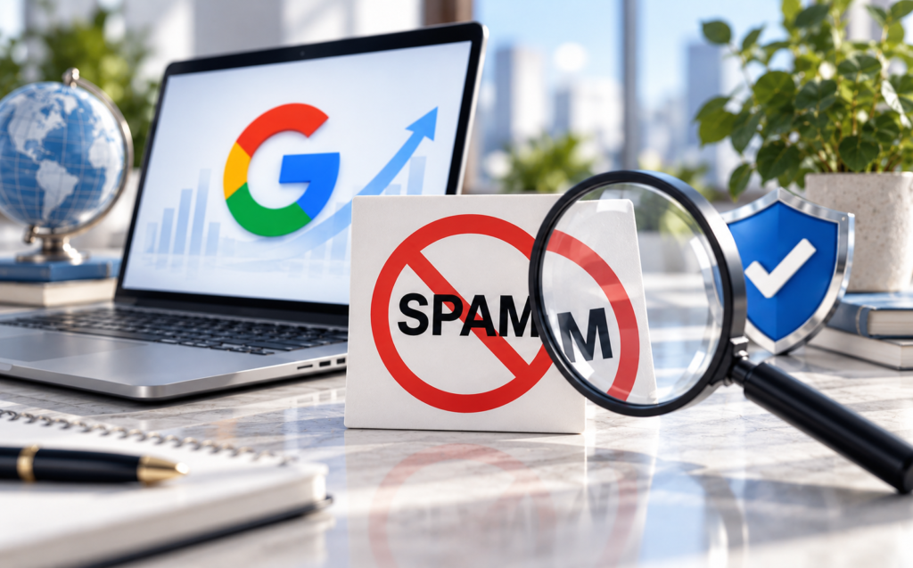 A laptop with the Google logo and an upward-trending graph, a sign with "SPAM" crossed out, a magnifying glass, and a blue shield with a checkmark on a desk