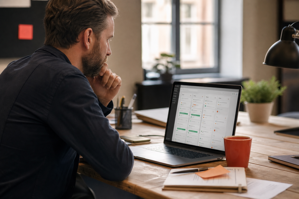Marketingmedarbejder ser på et agent-dashboard med flere kørende workflows på en bærbar skærm